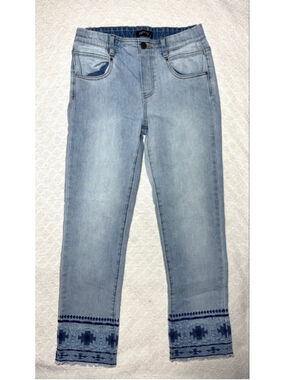 EUC APNY Southwestern Aztec Embroidery Hem Light Wash Frayed Cropped Jeans SZ 2